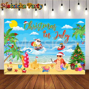 Mocsicka Christmas In July Summer Santa Claus And Penguins Surfing On The Sea Beach With Sand Snowman And Christmas Tree Party Backdrop