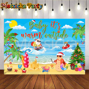 Mocsicka Baby It's Warm Outside In Summer Santa Claus And Penguins Surfing On The Sea With Sand Snowman And Christmas Tree On The Beach Party Backdrop