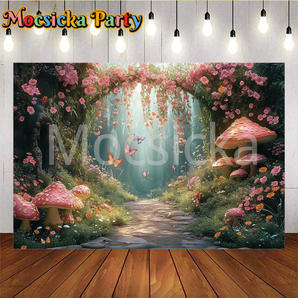 Mocsicka Beautiful Pink Flowers And Pink Mushrooms Photo Backdrop