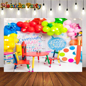Mocsicka Congrats Cards Off The Change The World Colored Balloons and Crayons Party Backdrop