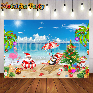 Mocsicka Summer Santa Claus Seaside Vacation Snowman And Gifts Party Backdrop
