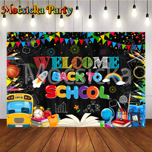 Mocsicka Welcome Back to School Little Rocket and Rainbow Party Backdrop