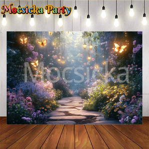 Mocsicka Purple Flowers And Golden Butterflies In The Forest Photo Backdrop