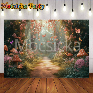 Mocsicka Orange Mushrooms And Butterflies In The Forest Photo Backdrop