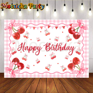 Mocsicka Red Cherry Happy Birthday Pink Backdrop