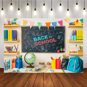 Mocsicka Books Schoolbag Globe and Blackboard Back to School Backdrop