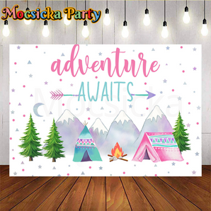 Mocsicka Adventure Awaits Tent Backdrop for Baby Shower