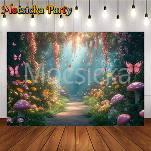 Mocsicka Pink Mushrooms And Butterflies In The Forest Photo Backdrop