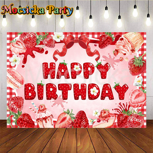 Mocsicka Red Strawberry And Small Cake Happy Birthday Backdrop