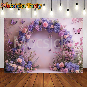 Mocsicka Purple Flowers And Butterflies Party Photo Backdrop