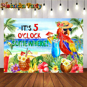 Mocsicka Summer It's Five O'clock Somewhere Seaside Parrot Holiday Party Backdrop