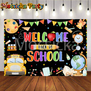 Mocsicka Welcome Back to School Pencil School Bus and Globe Party Backdrop