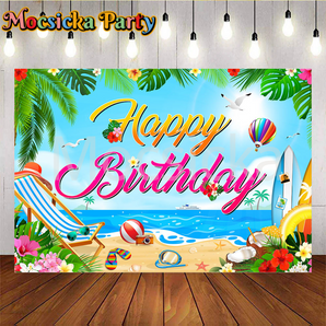 Mocsicka Happy Birthday Party with Seagulls and Hot Air Balloons at Seaside Vacation Backdrop