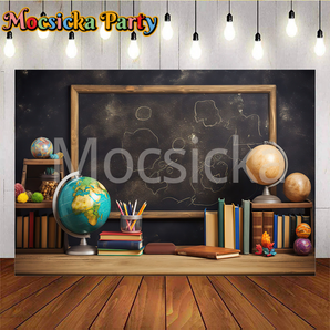 Mocsicka Back to School Globe and Stationery Classroom Ambiance Party Backdrop