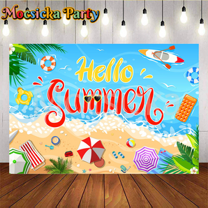 Mocsicka Hello Summer Beach Vacation Swimming Ring And Boat Party Backdrop