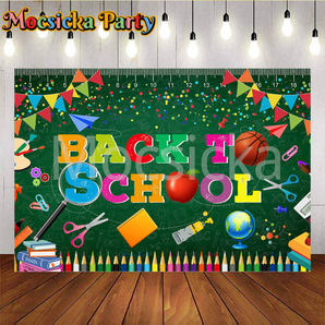 Mocsicka Back to School Classroom Globe and Basketball Scissors and Paintbrush Party Green Backdrop
