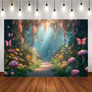 Mocsicka Pink Mushrooms And Butterflies In The Forest Photo Backdrop
