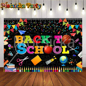 Mocsicka Back to School Classroom Globe and Basketball Scissors and Paintbrush Party Backdrop
