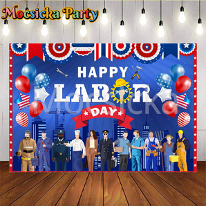 Mocsicka Happy Labor Day Workers And Balloons Blue Photo Backdrop