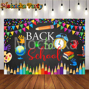 Mocsicka Back to School Classroom Blackboard Globe and Alarm Clock and Textbooks Party Backdrop