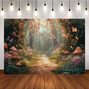 Mocsicka Orange Mushrooms And Butterflies In The Forest Photo Backdrop