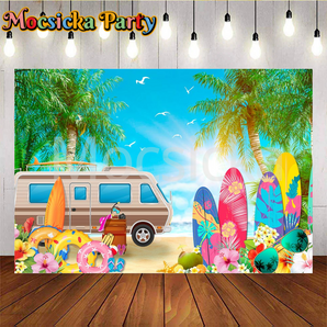 Mocsicka Summer Surfing, Skateboarding, Swimming, And Buses Party Backdrop