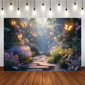 Mocsicka Purple Flowers And Golden Butterflies In The Forest Photo Backdrop