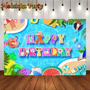Mocsicka Summer Swimming Pool Bikini Happy Birthday Party Backdrop