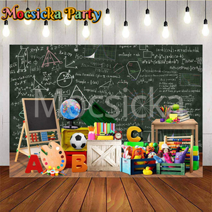 Mocsicka Back to School Classroom Blackboard Globe and Letters ABC Party Backdrop