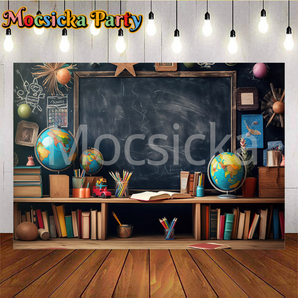 Mocsicka Back to School Classroom Globe and Book Pencil Learning Space Party Backdrop