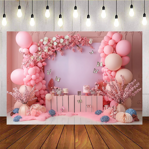 Mocsicka Pink Balloons Flowers and Butterflies Birthday Backdrop