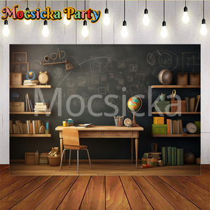 Mocsicka Back to School Classroom Globe and Book Learning Space Party Backdrop