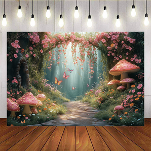 Mocsicka Beautiful Pink Flowers And Pink Mushrooms Photo Backdrop