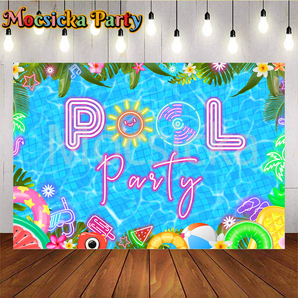 Mocsicka Summer Pool Party Pink Neon Letters Backdrop