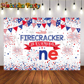 Mocsicka 4th of July First Birthday Backdrop Firecracker 1st Birthday Background Patriotic Red Blue Stars Independence Day Party Backdrop