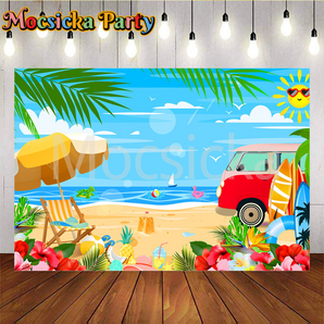 Mocsicka Summer Seaside Vacation With Flowers, Parasols And Buses Party Backdrop