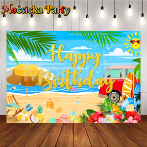 Mocsicka Summer Seaside Vacation Happy Birthday Party Backdrop