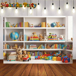 Mocsicka Back to School Toy and Book Shelf Playroom Party Backdrop