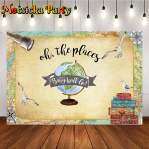 Mocsicka Oh The Places Globe Backdrop for Baby Shower