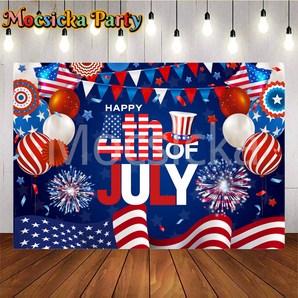 Mocsicka White Blue And Red Balloons Fireworks And Flags Happy Fourth Of July American Independence Day Party Backdrops