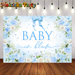 Mocsicka Baby in Bloom in blue bow for Baby shower