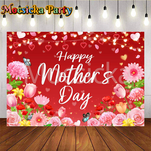 Mocsicka Butterfly and flowers Happy Mother's Day Red Photo Backdrop