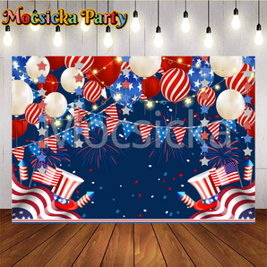 Mocsicka White Blue And Red Balloons Fireworks And Flags American Independence Day Party Backdrops