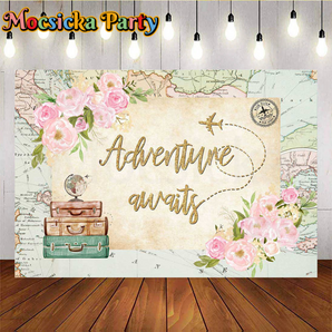 Mocsicka Adventure Awaits Pink Floral Backdrop for Baby Shower