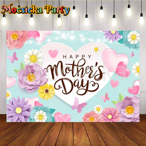 Mocsicka Colorful Flowers And White Love Hearts Happy Mother's Day Blue Backdrop