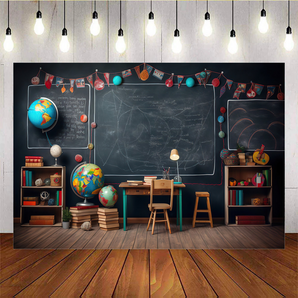 Mocsicka Back to School Blackboard Desk and Globe Party Backdrop