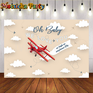Mocsicka Oh baby we love you red airship Backdrop for Baby Shower
