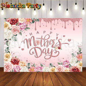 Mocsicka Happy Mother's Day Pink Backdrop With Flowers And Love