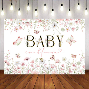 Mocsicka Baby in Bloom Backdrop Butterfly Pink for Girls Baby Shower Party Backdrop