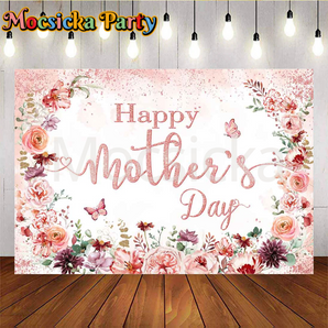 Mocsicka Flowers And Butterflies Happy Mother's Day Pink Backdrop